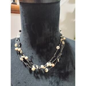Women's Black & Beige Beaded Multilayered Stylish Short Necklace